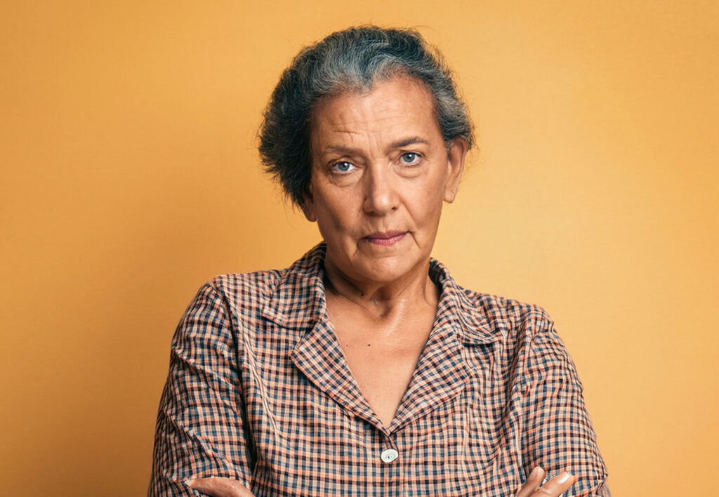 A stressed senior woman
